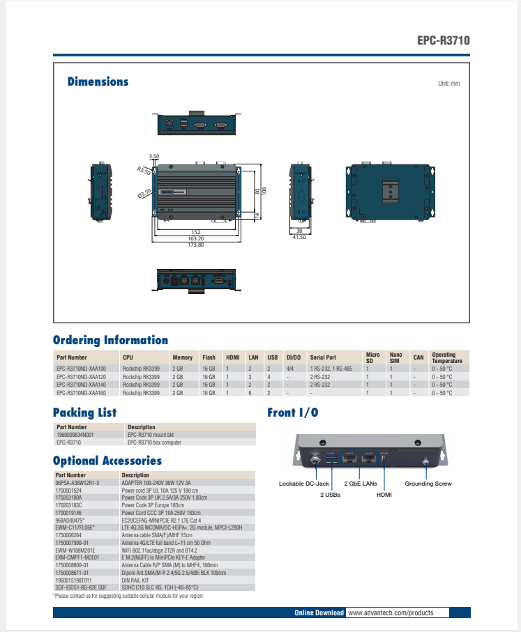 研華EPC-R3710 Rockchip RK3399 Cortex-A72 UIO40-Express Edge AI 工控整機， 4K display， 2xLan，