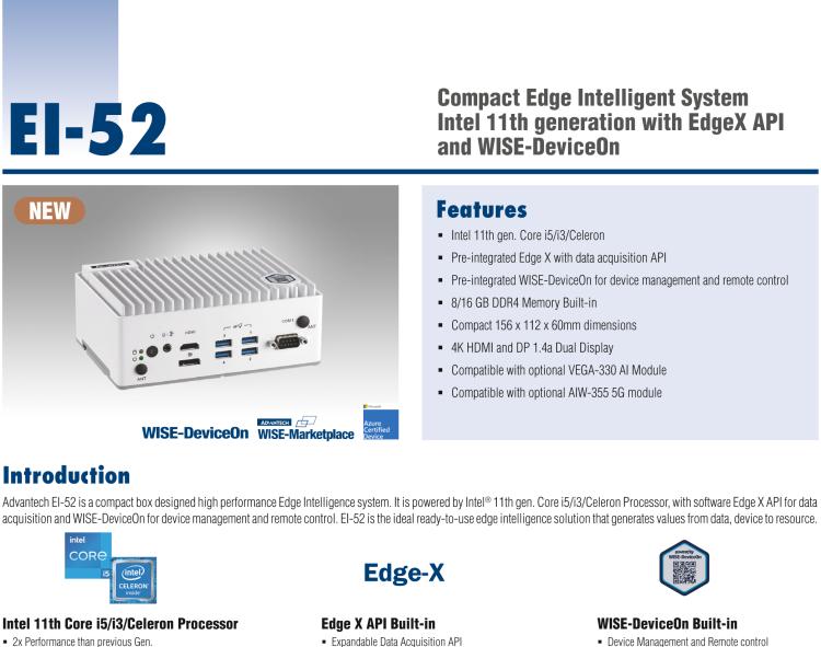 研華EI-52 研華EI-52，邊緣計(jì)算系統(tǒng)，支持 Intel 11th gen CPU，可選 Core i5 /i3 /Celeron 處理器，具備豐富擴(kuò)展接口 2 x LAN，2 x COM，6 x USB等，內(nèi)部可以通過(guò) miniPCIe 或 M.2 擴(kuò)展AI加速卡實(shí)現(xiàn)工業(yè)AI機(jī)器視覺(jué)，搭載5G通訊模塊。