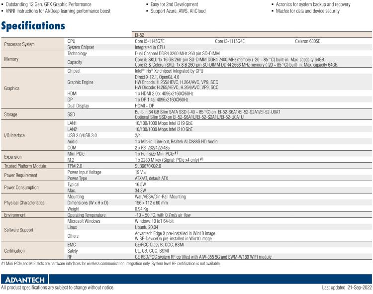 研華EI-52 研華EI-52，邊緣計(jì)算系統(tǒng)，支持 Intel 11th gen CPU，可選 Core i5 /i3 /Celeron 處理器，具備豐富擴(kuò)展接口 2 x LAN，2 x COM，6 x USB等，內(nèi)部可以通過(guò) miniPCIe 或 M.2 擴(kuò)展AI加速卡實(shí)現(xiàn)工業(yè)AI機(jī)器視覺(jué)，搭載5G通訊模塊。