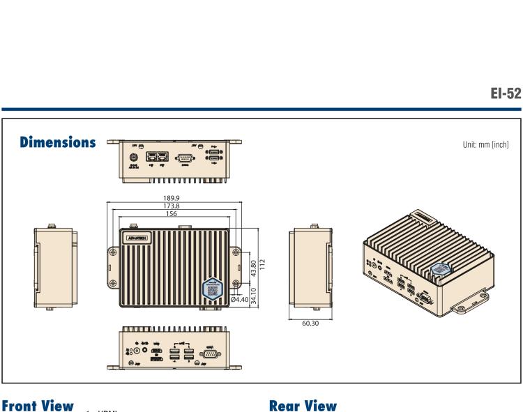 研華EI-52 研華EI-52，邊緣計(jì)算系統(tǒng)，支持 Intel 11th gen CPU，可選 Core i5 /i3 /Celeron 處理器，具備豐富擴(kuò)展接口 2 x LAN，2 x COM，6 x USB等，內(nèi)部可以通過(guò) miniPCIe 或 M.2 擴(kuò)展AI加速卡實(shí)現(xiàn)工業(yè)AI機(jī)器視覺(jué)，搭載5G通訊模塊。