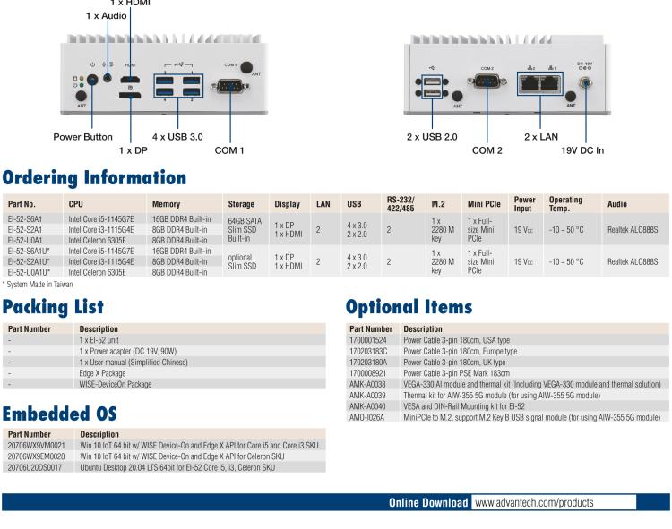 研華EI-52 研華EI-52，邊緣計(jì)算系統(tǒng)，支持 Intel 11th gen CPU，可選 Core i5 /i3 /Celeron 處理器，具備豐富擴(kuò)展接口 2 x LAN，2 x COM，6 x USB等，內(nèi)部可以通過(guò) miniPCIe 或 M.2 擴(kuò)展AI加速卡實(shí)現(xiàn)工業(yè)AI機(jī)器視覺(jué)，搭載5G通訊模塊。