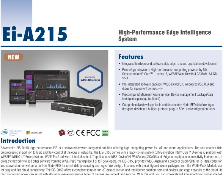 研華EI-A215 研華EI-A215，邊緣性計(jì)算系統(tǒng)，搭載Intel Core i5 6300U 處理器，4 GB內(nèi)存，64 GB 存儲(chǔ)，高性能邊緣智能設(shè)備，具備豐富擴(kuò)展接口 2 x LAN，4 x COM，6 x USB等，同時(shí)還可以擴(kuò)展 iDoor 或 ARK-Plus 模組增加更多的擴(kuò)展接口，搭配 5G 模塊。