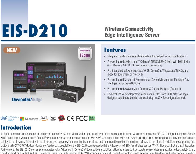 研華EIS-D210 研華EIS-D210，邊緣計(jì)算系統(tǒng)網(wǎng)關(guān)，Intel Celeron N3350 Dual Core SoC，最高支持 8 GB內(nèi)存，低功耗邊緣智能設(shè)備，具備豐富擴(kuò)展接口 2 x LAN，2 x COM，4 x USB，1 x VGA等，搭配 Wifi 或 4G 模塊，可以實(shí)現(xiàn)無(wú)線數(shù)據(jù)傳輸，體積非常小