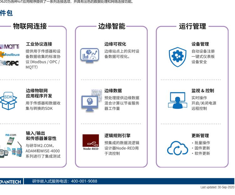 研華EIS-D620 研華EIS-D620，邊緣計(jì)算系統(tǒng)網(wǎng)關(guān)，基于Rockchip RK3399處理器，板載2GB內(nèi)存，16GB eMMC 存儲，低功耗邊緣智能設(shè)備，具備豐富擴(kuò)展接口 2 x LAN，1 x COM，1 x USB，2 x HDMI等，體積非常小巧，適用于邊緣設(shè)備控制及數(shù)據(jù)采集等應(yīng)用場景。