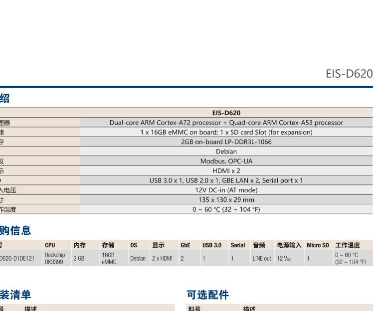 研華EIS-D620 研華EIS-D620，邊緣計(jì)算系統(tǒng)網(wǎng)關(guān)，基于Rockchip RK3399處理器，板載2GB內(nèi)存，16GB eMMC 存儲，低功耗邊緣智能設(shè)備，具備豐富擴(kuò)展接口 2 x LAN，1 x COM，1 x USB，2 x HDMI等，體積非常小巧，適用于邊緣設(shè)備控制及數(shù)據(jù)采集等應(yīng)用場景。