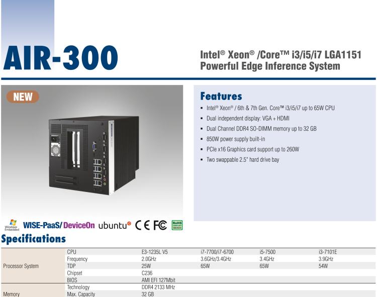 研華AIR-300 支持Intel Xeon / 6/7代Core?i3/i5/i7處理器，AI計算平臺，可擴展 PCIe x16 GPU全尺寸卡