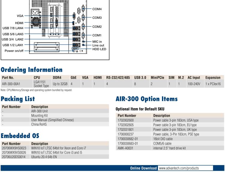 研華AIR-300 支持Intel Xeon / 6/7代Core?i3/i5/i7處理器，AI計算平臺，可擴展 PCIe x16 GPU全尺寸卡