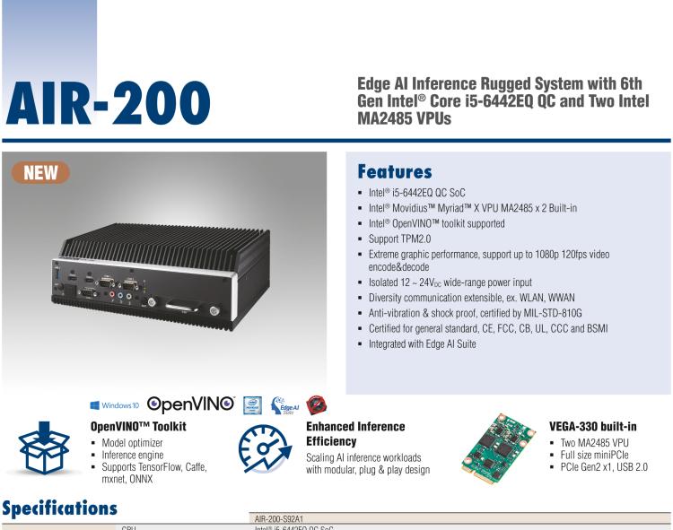 研華AIR-200 基于Intel Core i5-6442EQ處理器，AI計算平臺，內(nèi)置Myriad X VPU * 2