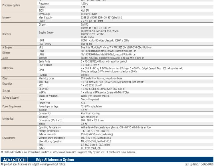 研華AIR-200 基于Intel Core i5-6442EQ處理器，AI計算平臺，內(nèi)置Myriad X VPU * 2