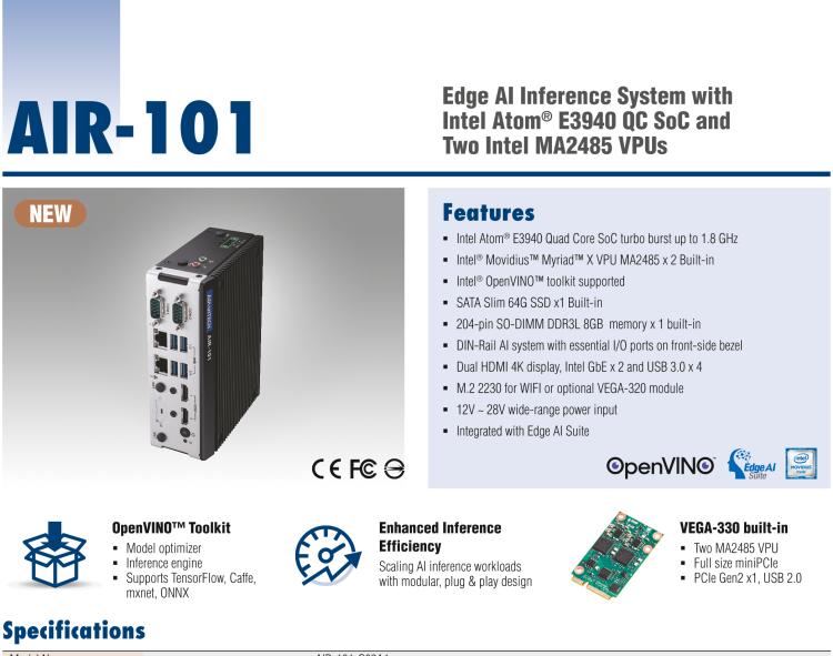 研華AIR-101 基于Intel Atom E3940處理器，AI計算平臺，內(nèi)置Myriad X VPU * 2