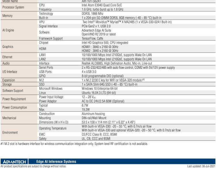 研華AIR-101 基于Intel Atom E3940處理器，AI計算平臺，內(nèi)置Myriad X VPU * 2