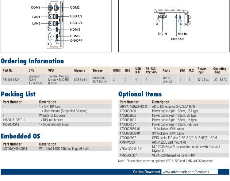 研華AIR-101 基于Intel Atom E3940處理器，AI計算平臺，內(nèi)置Myriad X VPU * 2