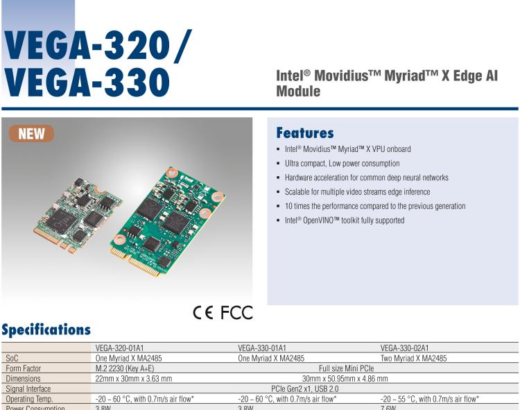 研華VEGA-330 基于Intel Movidius? Myriad? X VPU，miniPCIe Edge AI 模塊，VPU*2