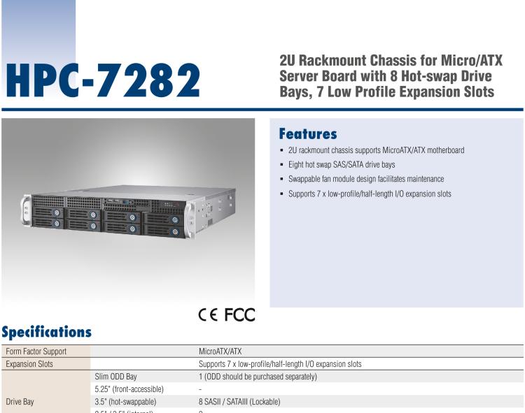 研華HPC-7282 2U 機(jī)架式機(jī)箱，適用于 Micro/ATX 服務(wù)器主板，支持8個(gè)2.5寸/3.5寸熱插拔硬盤，7個(gè)半高擴(kuò)展槽