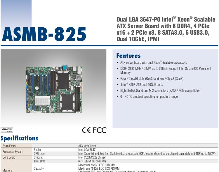 研華ASMB-825 雙路LGA 3647-P0 Intel? Xeon? Scalable ATX 服務器主板，帶6 個DDR4, 4 PCIe x16 和 2 個 PCIe x8, 8 個SATA3, 6 個USB3.0, Dual 10GbE, IPMI