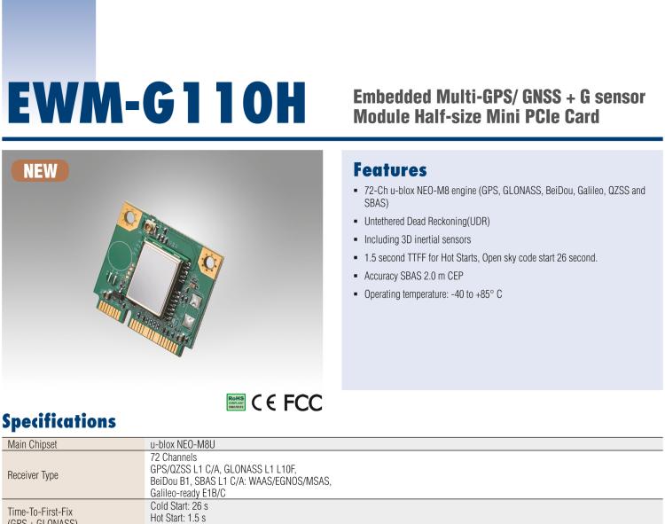 研華EWM-G110 Multi-GNSS (GPS、GLONASS、BeiDou、Galileo、QZSS 和 SBAS) +G-sensor 半尺寸 Mini PCIe 卡