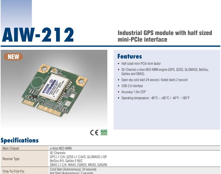 研華AIW-212 工業(yè)級 GNSS（GPS、GLONASS、BeiDou、Galileo、QZSS和SBAS）模塊，半尺寸 mini-PCIe 規(guī)格。