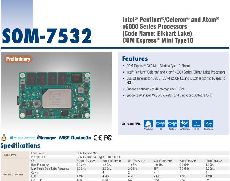 研華SOM-7532 Intel Pentium/Celeron 和 Atom x6000 系列 (Elkhart Lake) 處理器， COM Express Mini Type 10 模塊