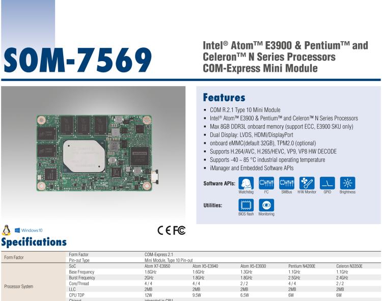 研華SOM-7569 Intel? Atom? E3900 & Pentium? 和 Celeron? N 系列處理器，COM-Express Mini 模塊