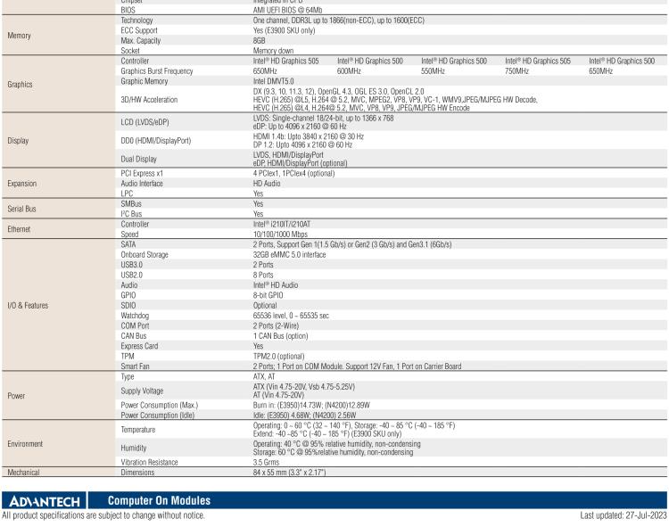 研華SOM-7569 Intel? Atom? E3900 & Pentium? 和 Celeron? N 系列處理器，COM-Express Mini 模塊