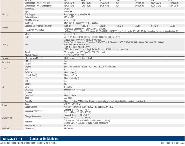 研華SOM-7583 第十一代 Intel? Core U系列處理器，COM Express Mini Type 10 模塊