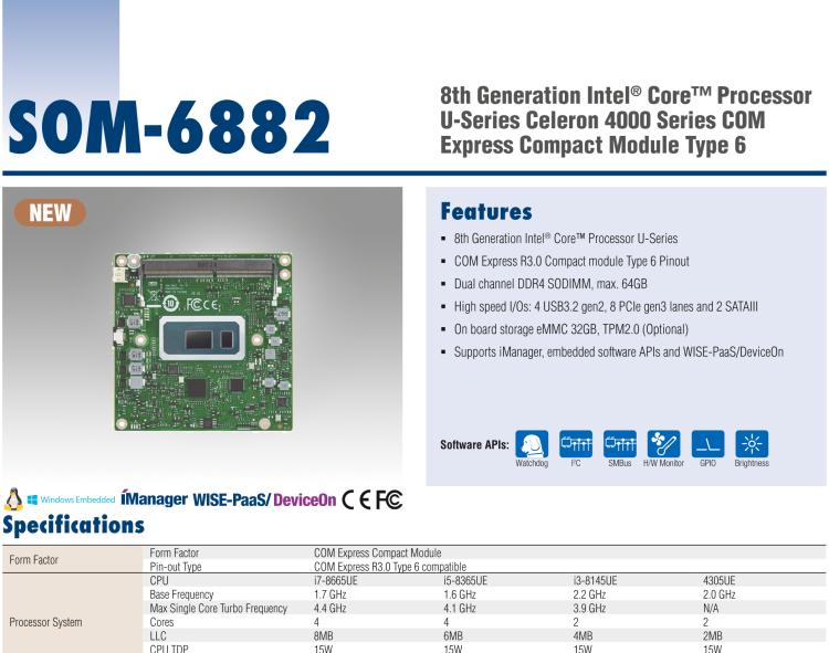 研華SOM-6882 第八代 Intel?Core 處理器，COM Express Compact R3.0 Type 6 模塊