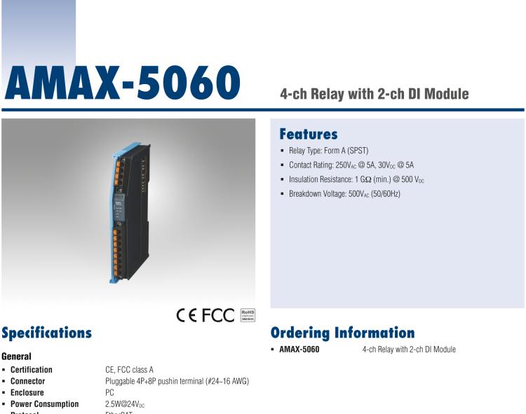 研華AMAX-5060 4路繼電器輸出與2路數(shù)字量輸入模塊 ，DC/AC 5A 帶載（插片式）