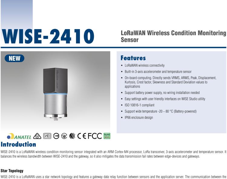 研華WISE-2410 WISE-2410是LoRaWA N無(wú)線振動(dòng)溫度監(jiān)控傳感器，電池使用周期為2年。