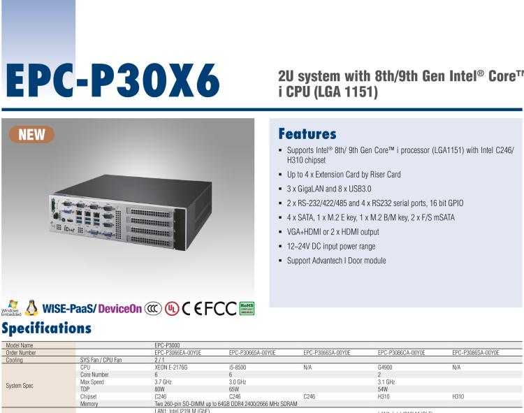 研華EPC-P3086 適配Intel? 第8/9代 Core i 系列處理器，搭載H310芯片組。2U高度，支持全長PCIe x16擴(kuò)展卡。接口豐富，性能強(qiáng)勁。