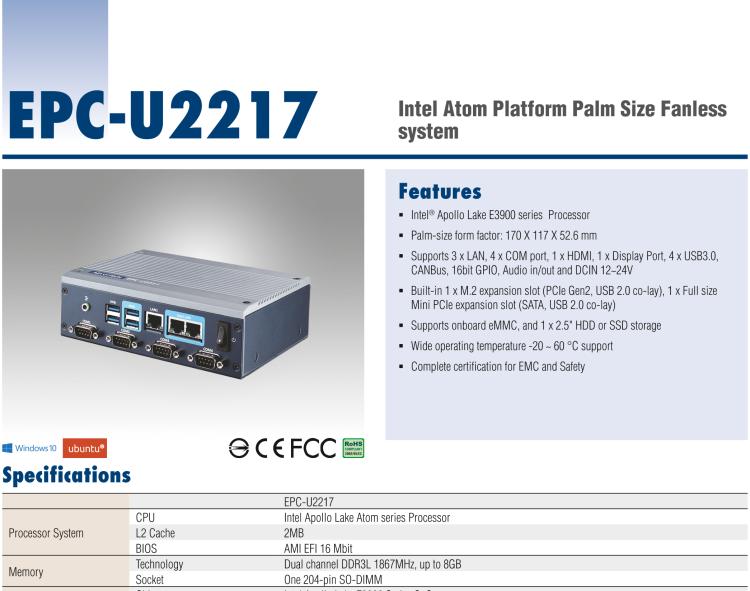 研華EPC-U2217 Intel Atom第六代Apollo Lake無風扇嵌入式工控機，3LAN，板載eMMC，CANBUS