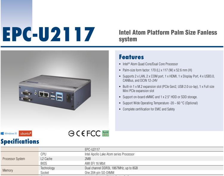 研華EPC-U2117 Intel Atom第六代Apollo Lake無風扇嵌入式工控機，板載eMMC，CANBUS