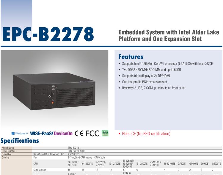 研華EPC-B2278 適配Intel 第12代 Core i 系列處理器，搭載Q670E芯片組。2U高度，精簡(jiǎn)尺寸，性能強(qiáng)勁，是小尺寸高性能場(chǎng)景的理想解決方案。