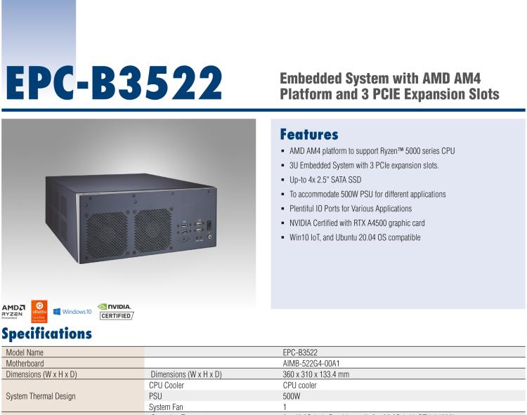 研華EPC-B3522 適配AMD Ryzen AM4 5000系列處理器，搭載X570芯片組，搭配N(xiāo)VIDIA? RTX-A4500顯卡。3U高度，提供高端圖像處理應(yīng)用的解決方案。