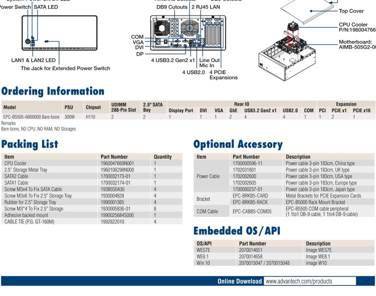 研華EPC-B5505 適配Intel? 第6/7代 Core ? i/Xeon E3系列處理器，搭載H110芯片組。標(biāo)準(zhǔn)4U上架，廣泛適用于各種行業(yè)。