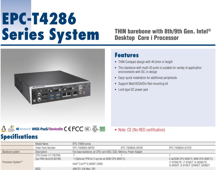 研華EPC-T4286 適配Intel? 第8/9代 Core? i 系列處理器，搭載H310芯片組。1U超薄高度，性能強(qiáng)勁。