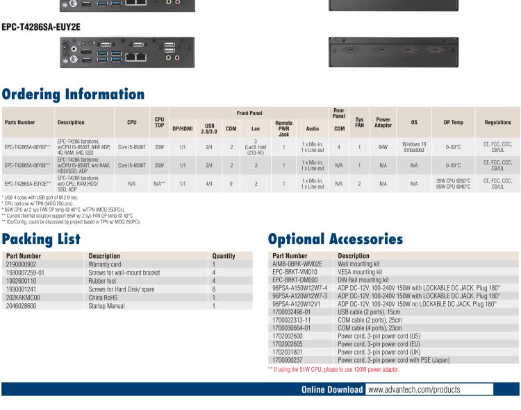 研華EPC-T4286 適配Intel? 第8/9代 Core? i 系列處理器，搭載H310芯片組。1U超薄高度，性能強(qiáng)勁。