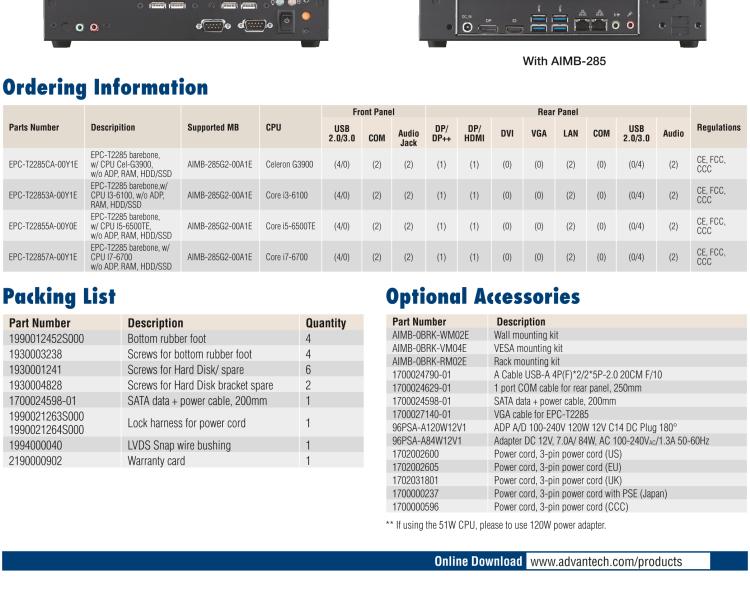 研華EPC-T2285 適配Intel? 第6/7代 Core? i 系列處理器，搭載H110芯片組。1U超薄高度，性能強(qiáng)勁。