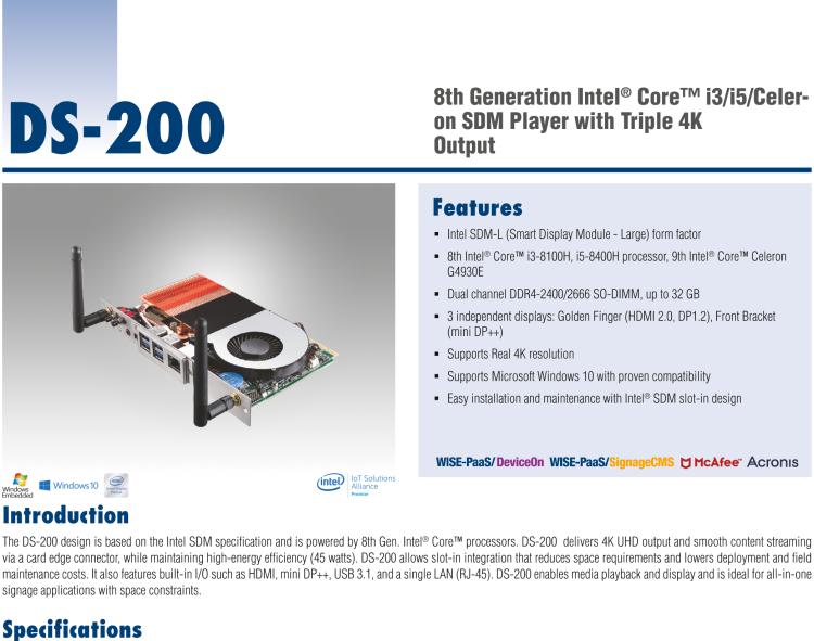 研華DS-200 Intel ? 第八代 Core? i3/i5 SDM，支持4K三顯的數(shù)字標(biāo)牌播放器