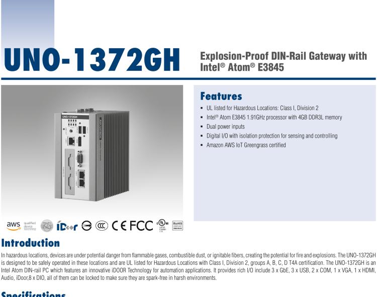 研華UNO-1372GH 通過(guò)Class I，Division 2認(rèn)證的導(dǎo)軌安裝工業(yè)控制器，搭配英特爾?凌動(dòng)?四核處理器