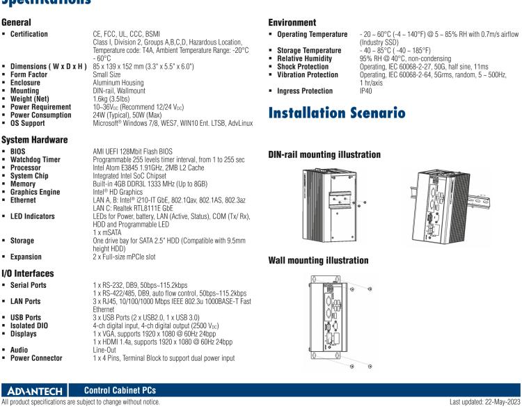 研華UNO-1372GH 通過(guò)Class I，Division 2認(rèn)證的導(dǎo)軌安裝工業(yè)控制器，搭配英特爾?凌動(dòng)?四核處理器