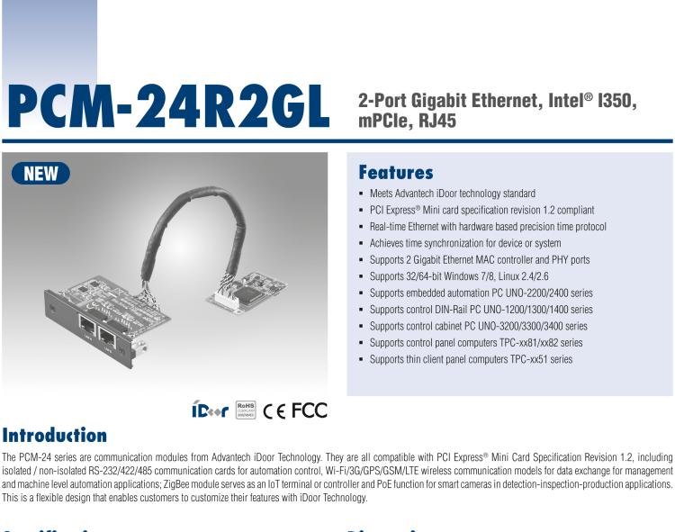 研華PCM-24R2GL 2端口千兆以太網(wǎng)，mPCIe，RJ45