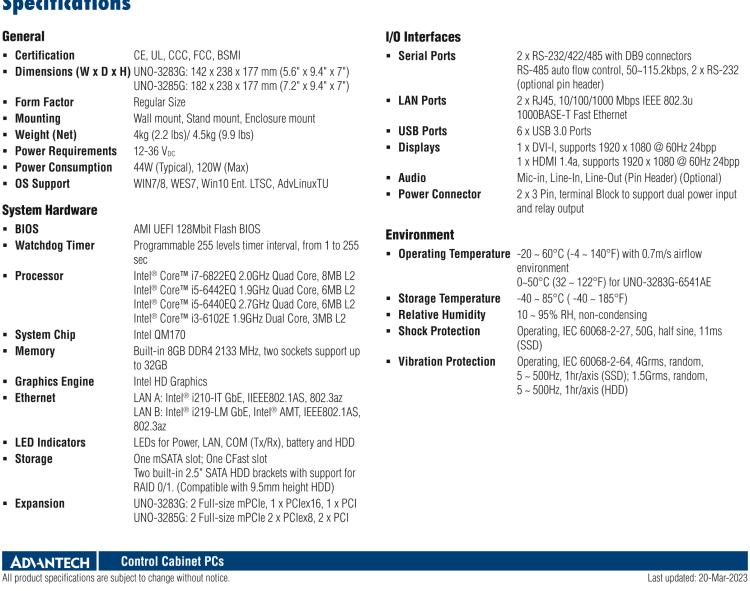 研華UNO-3283G 高效能嵌入式無(wú)風(fēng)扇工業(yè)電腦，搭配Intel? Core? i 處理器，2×GbE, 2×mPCIe, HDMI, DVI-I