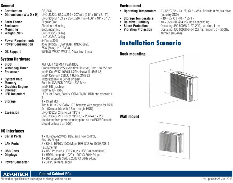 研華UNO-3382G Intel? Core? i7/Celeron控制柜PC，2 x GbE, 2 x mPCIe, HDMI/DP