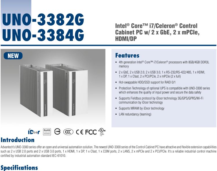 研華UNO-3384G Intel? Core? i7/Celeron控制柜PC，2 x GbE, 2 x mPCIe, HDMI/DP