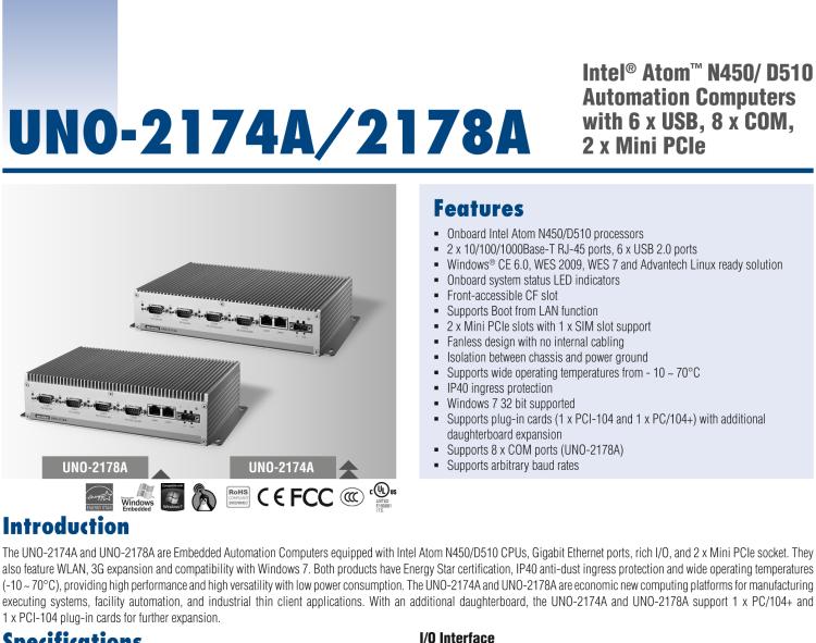 研華UNO-2178A Intel? Atom? D510無風(fēng)扇嵌入式工業(yè)電腦，6 x USB, 8 x COM, 2 x Mini PCIe