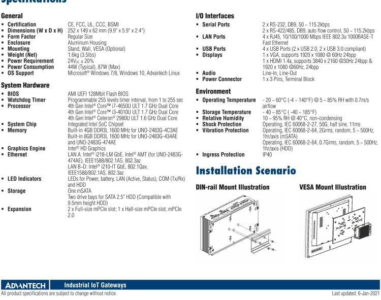 研華UNO-2483G 標(biāo)準(zhǔn)型嵌入式無(wú)風(fēng)扇工業(yè)電腦，搭配Intel? Core? i7/i3/Celeron處理器，4×GbE, 3×mPCIe, HDMI/VGA