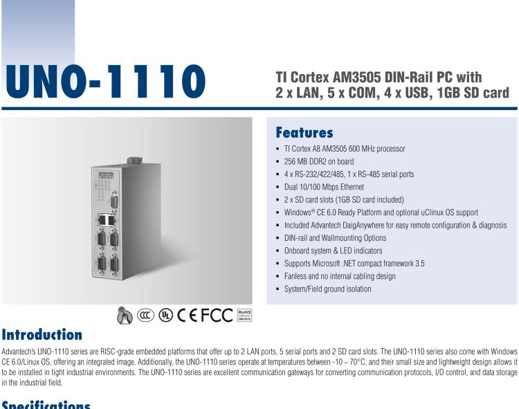 研華UNO-1110 導(dǎo)軌安裝型工業(yè)控制器，搭配TI Coretex AM3505 處理器，2×LAN，5×COM，4×USB，1 GB SD卡