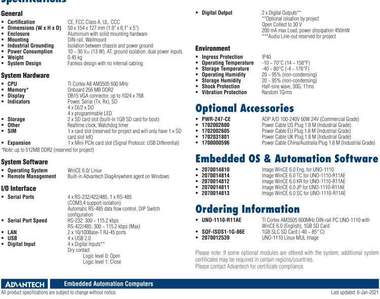 研華UNO-1110 導(dǎo)軌安裝型工業(yè)控制器，搭配TI Coretex AM3505 處理器，2×LAN，5×COM，4×USB，1 GB SD卡