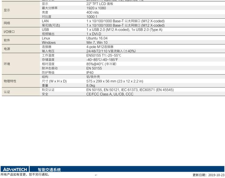 研華ITA-7220 滿足鐵路En50155認證標準，英特爾?賽揚?J1900 22英寸無風扇鐵路平板電腦