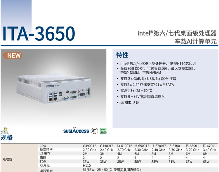 研華ITA-3650 Intel?第六/七代桌面級處理器 車載AI計(jì)算單元